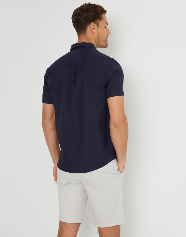 Navy Cotton Lyocell Blend Short Sleeve Shirt