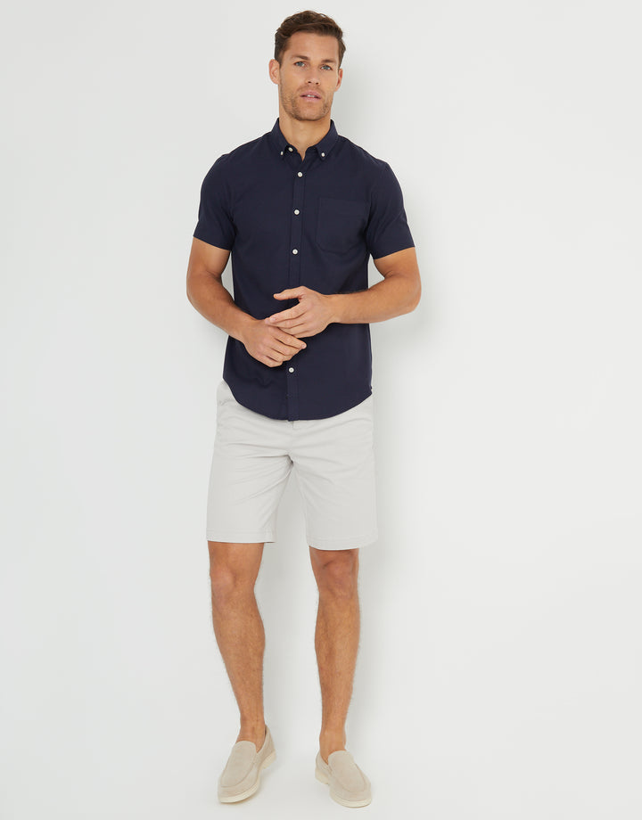 Navy Cotton Lyocell Blend Short Sleeve Shirt
