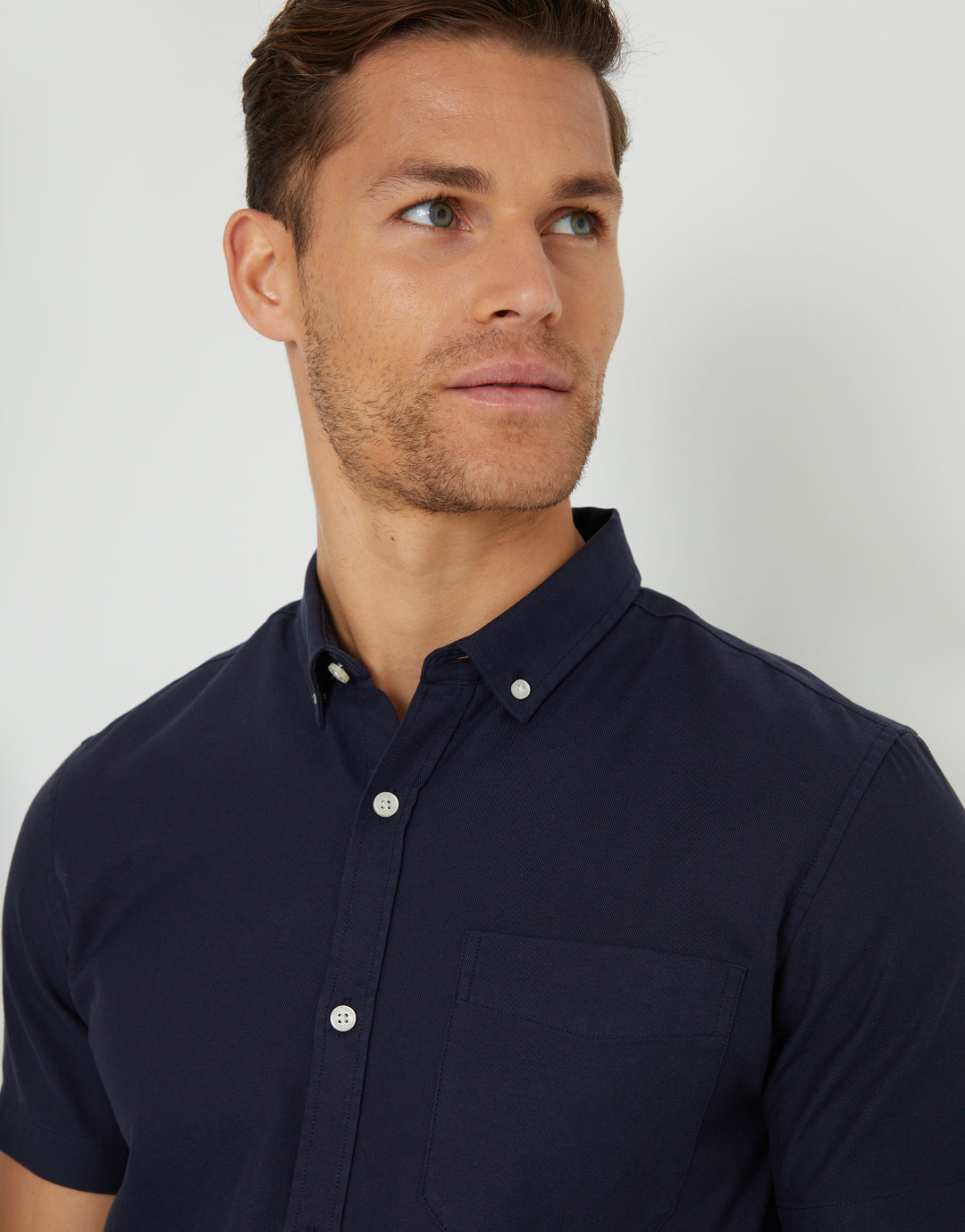 Navy Cotton Lyocell Blend Short Sleeve Shirt