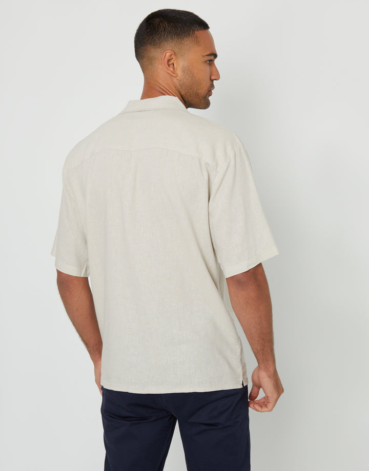 Stone Linen Blend Revere Collar Short Sleeve Shirt