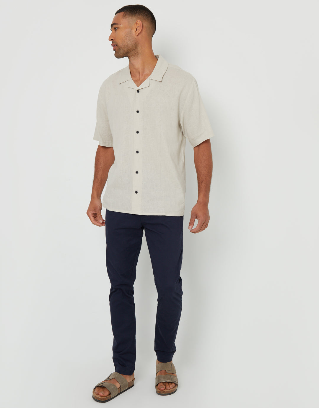 Stone Linen Blend Revere Collar Short Sleeve Shirt