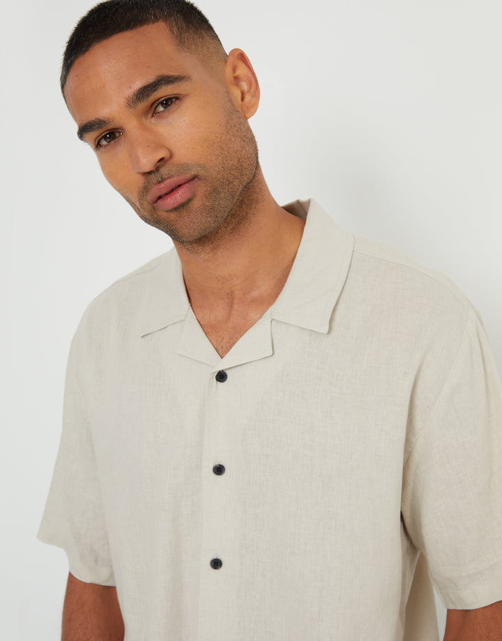 Stone Linen Blend Revere Collar Short Sleeve Shirt