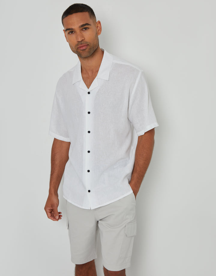White Linen Blend Revere Collar Short Sleeve Shirt