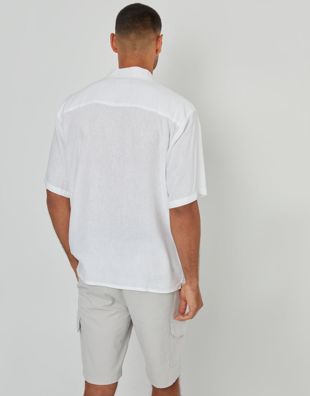 White Linen Blend Revere Collar Short Sleeve Shirt