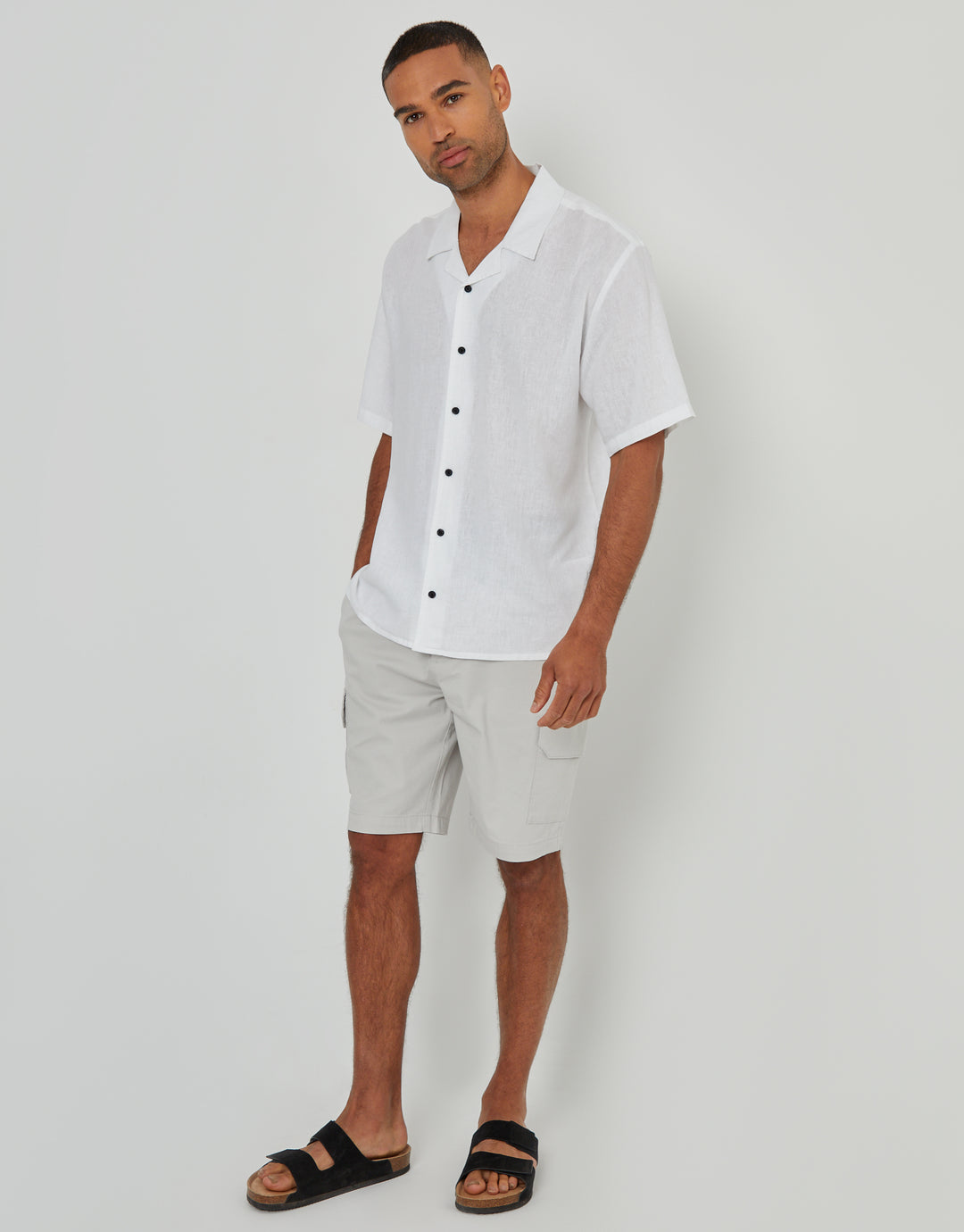 White Linen Blend Revere Collar Short Sleeve Shirt