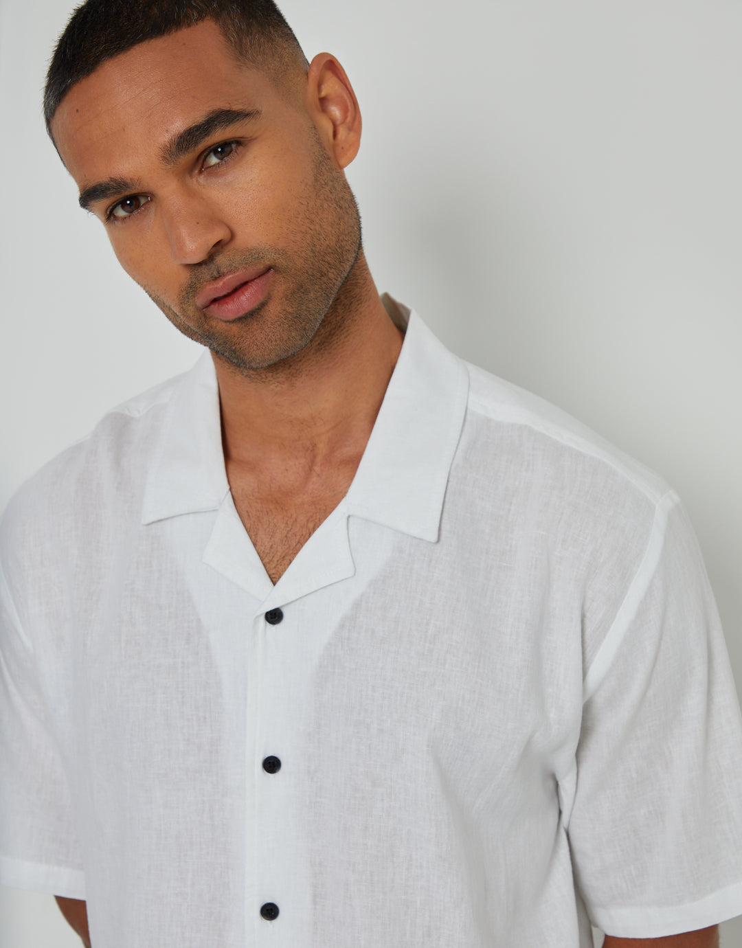White Linen Blend Revere Collar Short Sleeve Shirt
