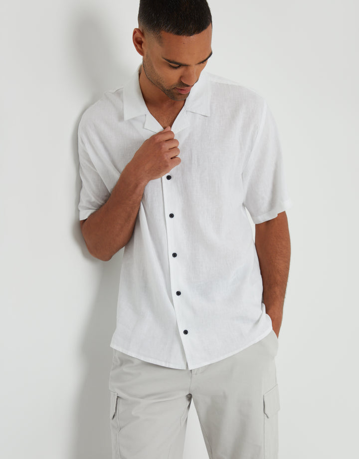 White Linen Blend Revere Collar Short Sleeve Shirt