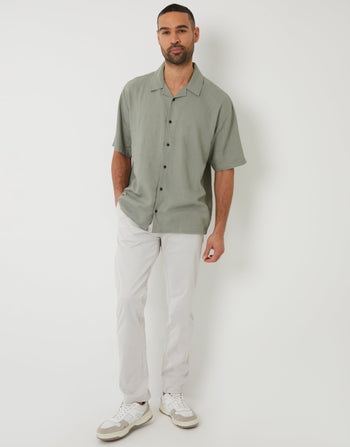 Threadbare Relaxed Fit Linen Blend Revere Collar Short Sleeve Shirt in Sage Green - full body