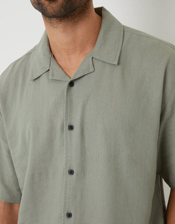 Threadbare Relaxed Fit Linen Blend Revere Collar Short Sleeve Shirt in Sage Green - collar close up