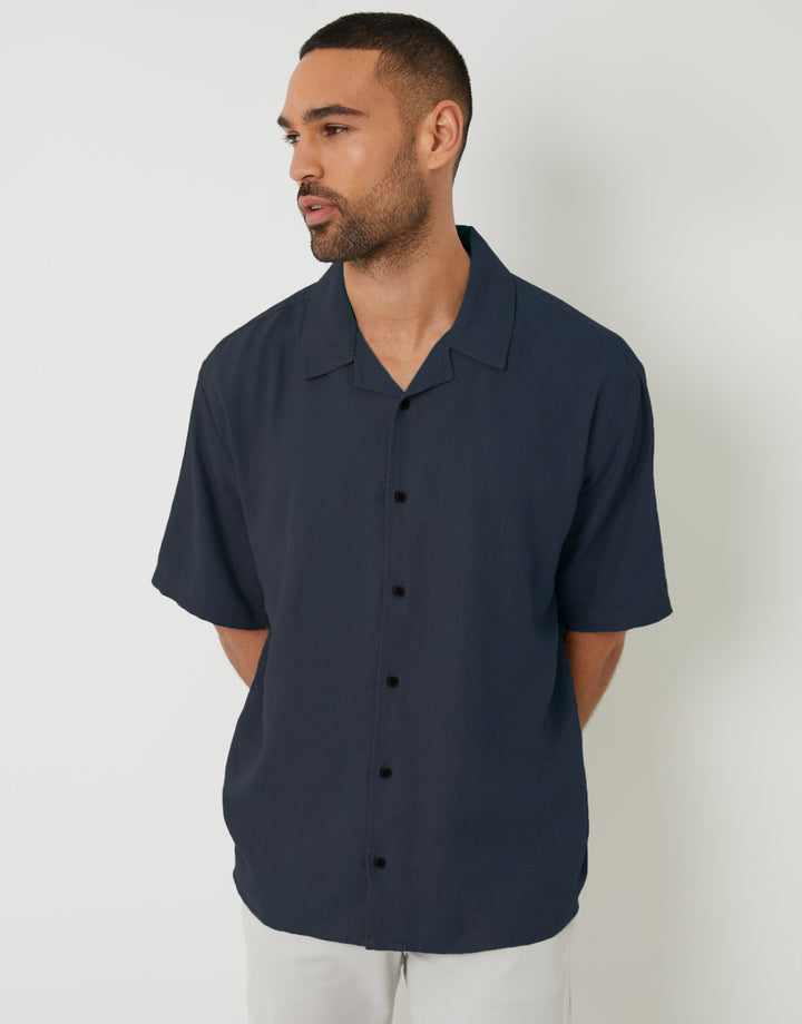 Navy Linen Blend Revere Collar Short Sleeve Shirt