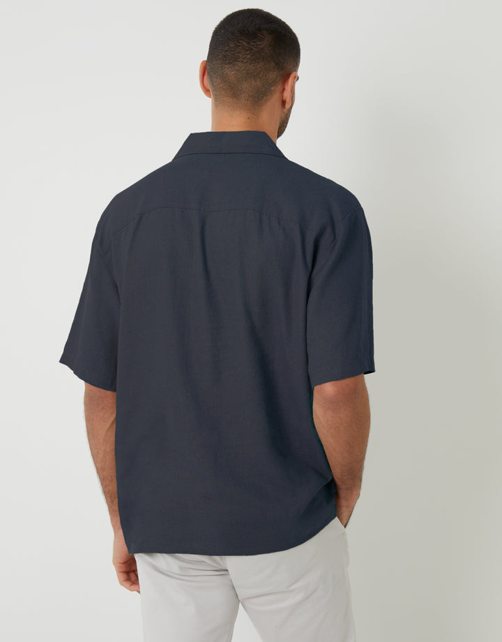 Navy Linen Blend Revere Collar Short Sleeve Shirt