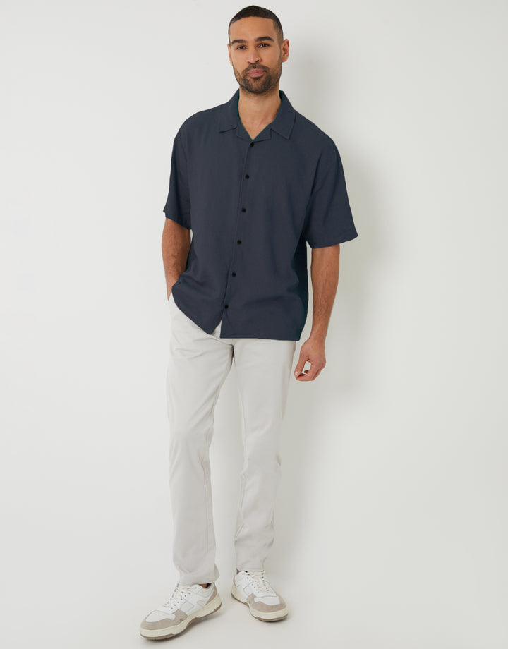 Navy Linen Blend Revere Collar Short Sleeve Shirt