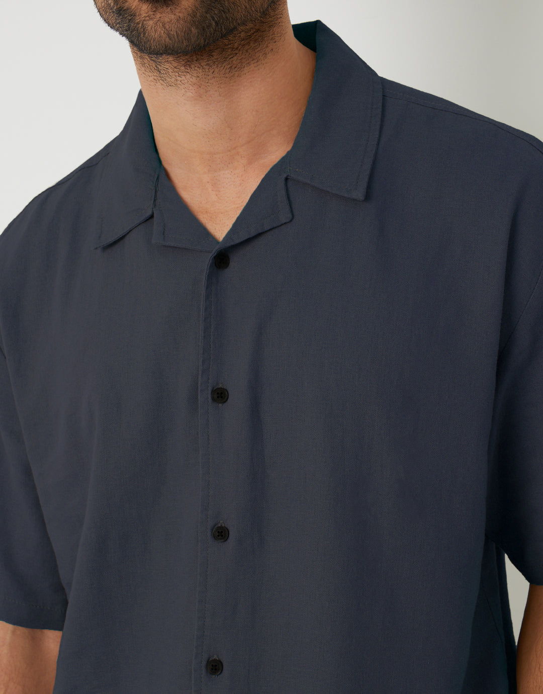 Navy Linen Blend Revere Collar Short Sleeve Shirt