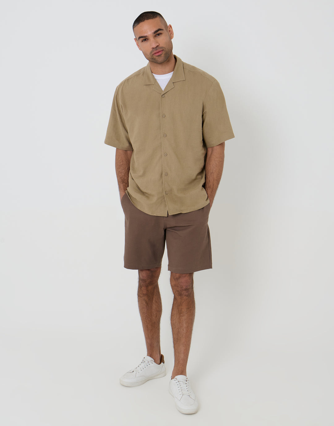 Threadbare Relaxed Fit Linen Blend Revere Collar Short Sleeve Shirt in Dark Stone - full body