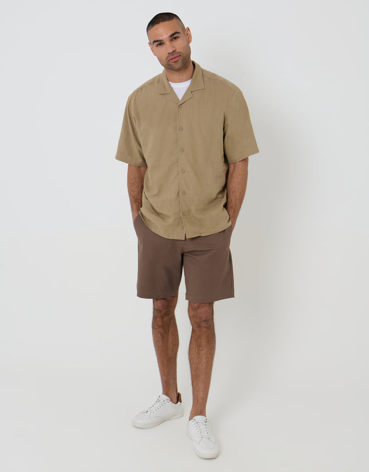 Threadbare Relaxed Fit Linen Blend Revere Collar Short Sleeve Shirt in Dark Stone - full body