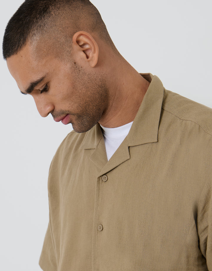 Threadbare Relaxed Fit Linen Blend Revere Collar Short Sleeve Shirt in Dark Stone - collar close up