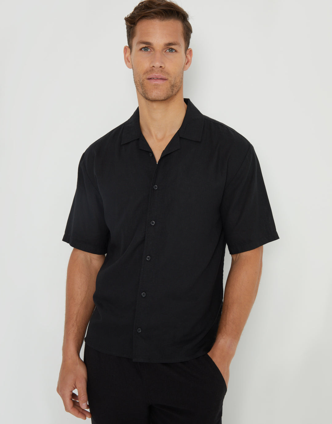 Black Linen Blend Revere Collar Short Sleeve Shirt