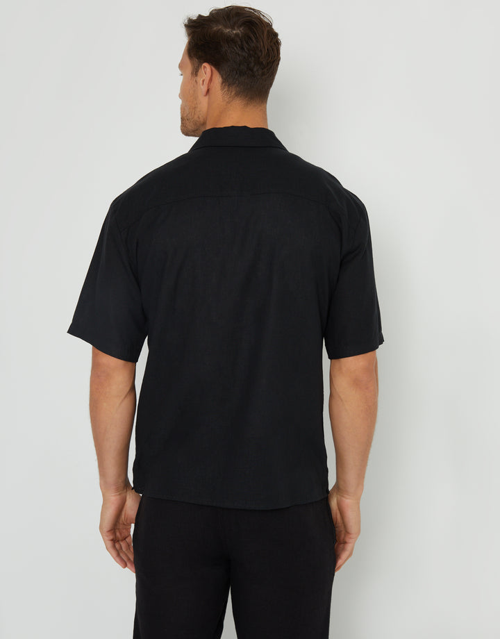 Black Linen Blend Revere Collar Short Sleeve Shirt