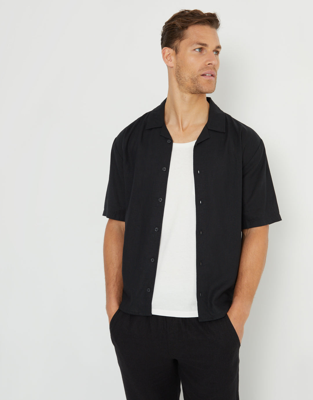 Black Linen Blend Revere Collar Short Sleeve Shirt
