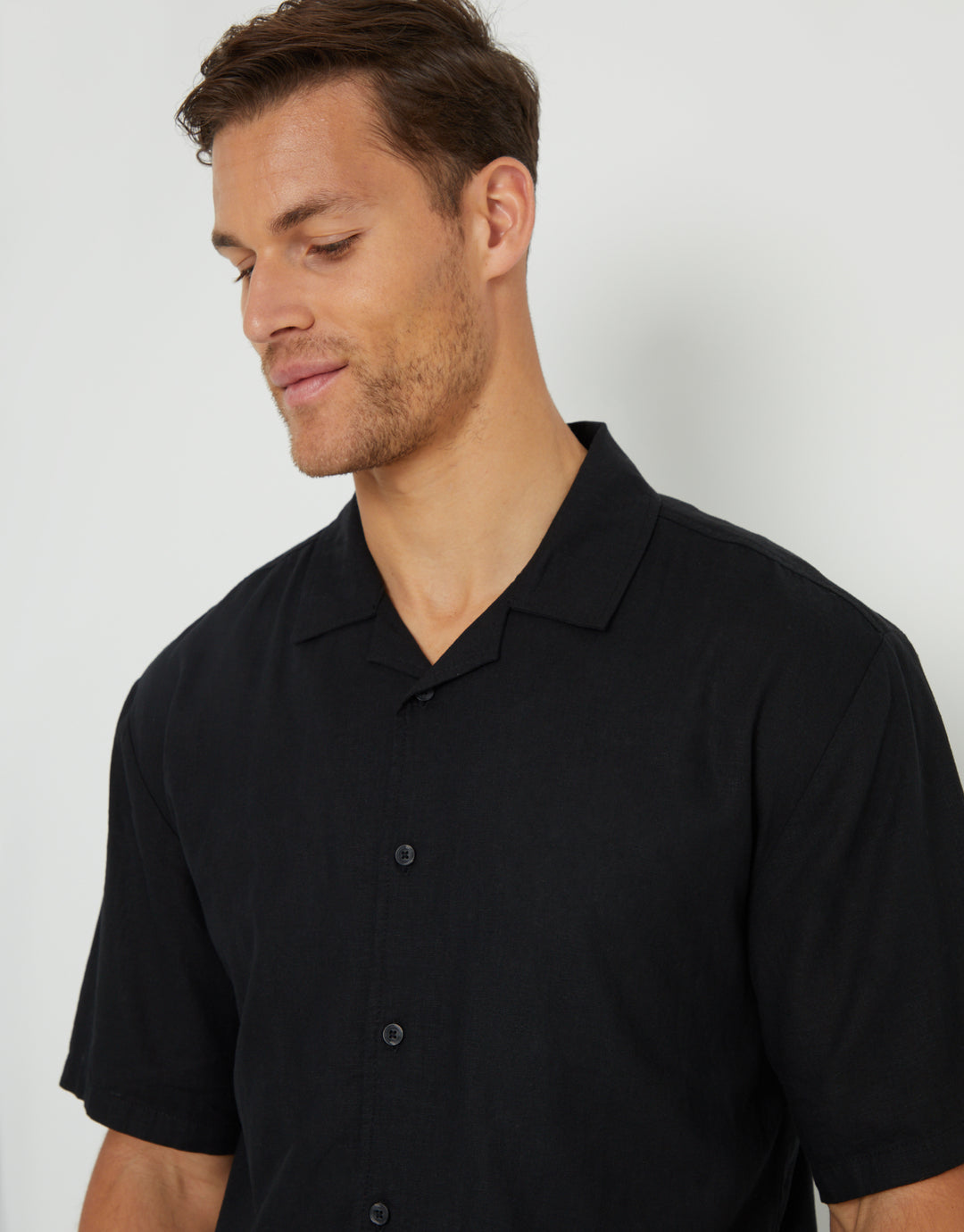 Black Linen Blend Revere Collar Short Sleeve Shirt