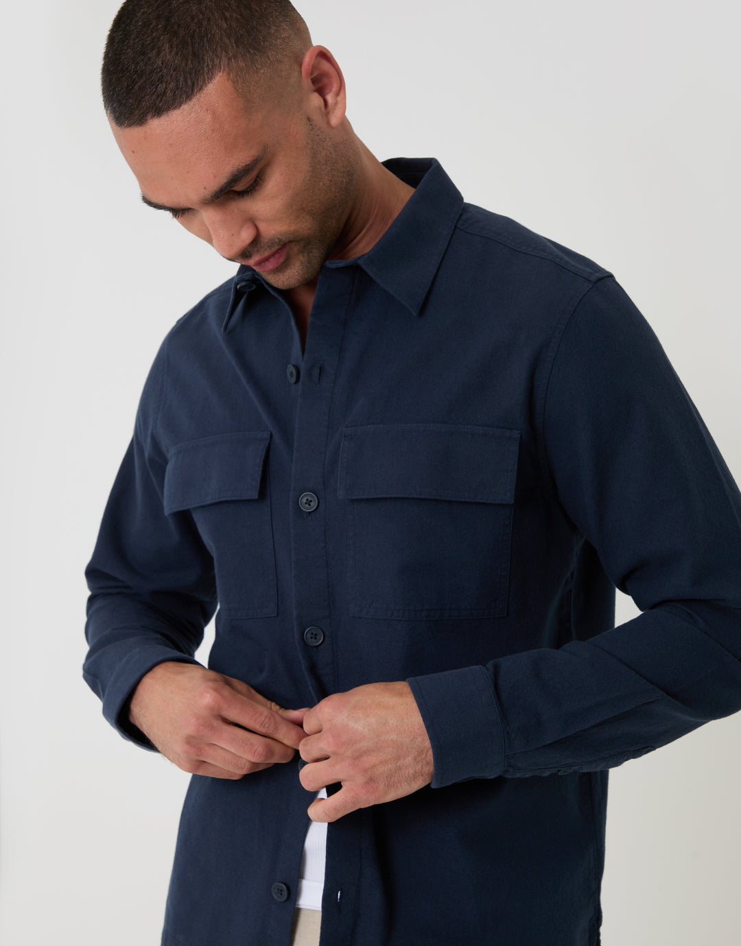Threadbare Lightweight Shacket in Navy - Close View