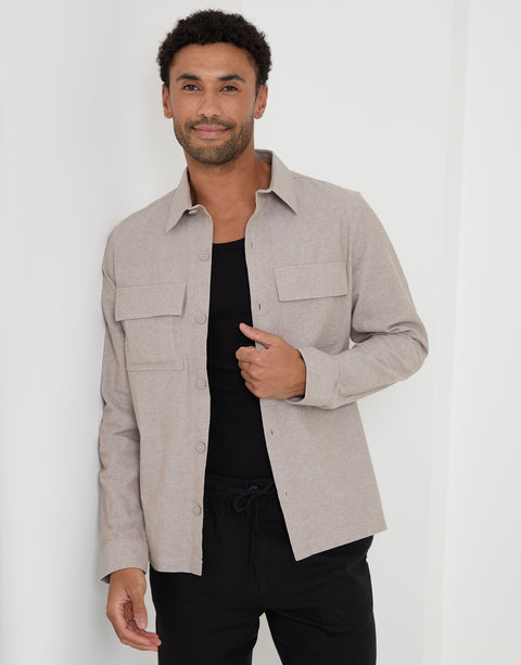 Threadbare Linen Blend Lightweight Shacket in Taupe - front view, worn open