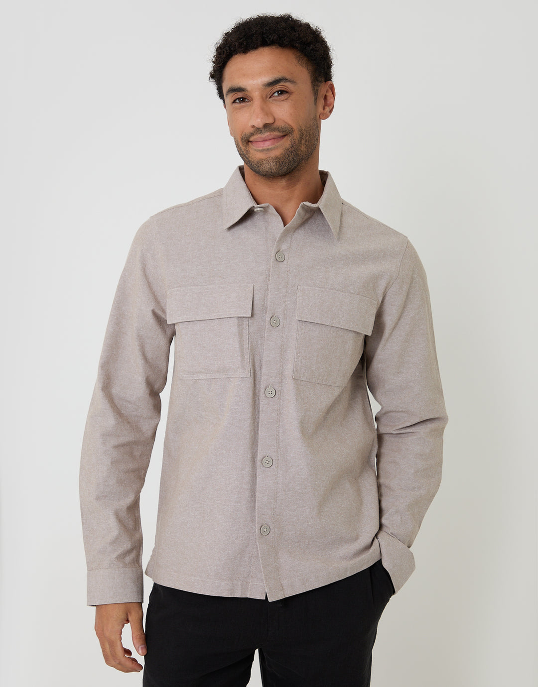 Threadbare Linen Blend Lightweight Shacket in Taupe - front view