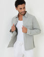 Threadbare Linen Blend Lightweight Shacket in Soft Sage Green - front view, worn open