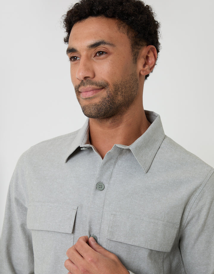 Threadbare Linen Blend Lightweight Shacket in Soft Sage Green - collar close up