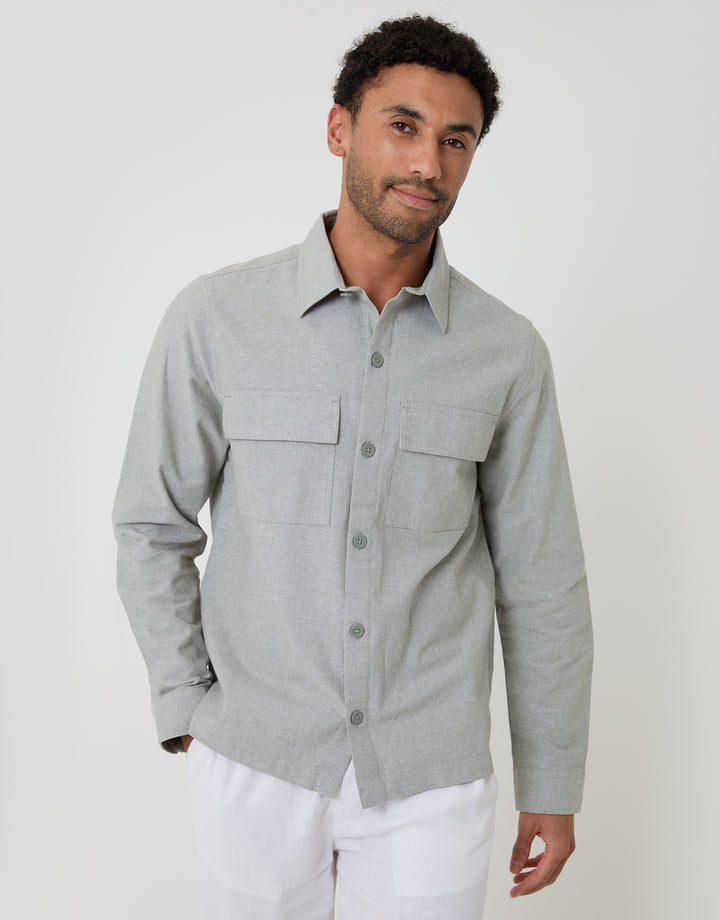 Threadbare Linen Blend Lightweight Shacket in Soft Sage Green - front view