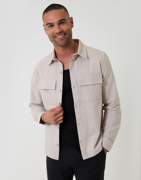 Threadbare Lightweight Shacket in Stone - Front View