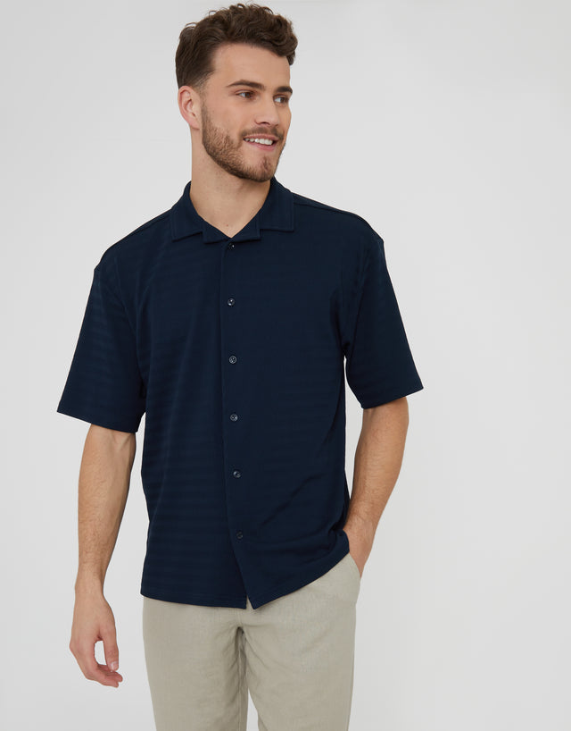 Men's Navy Revere Collar Textured Short Sleeve Shirt