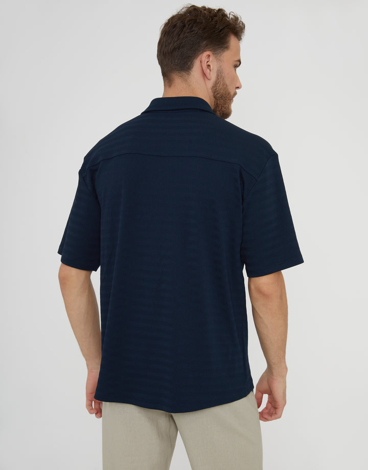 Navy Revere Collar Textured Short Sleeve Shirt