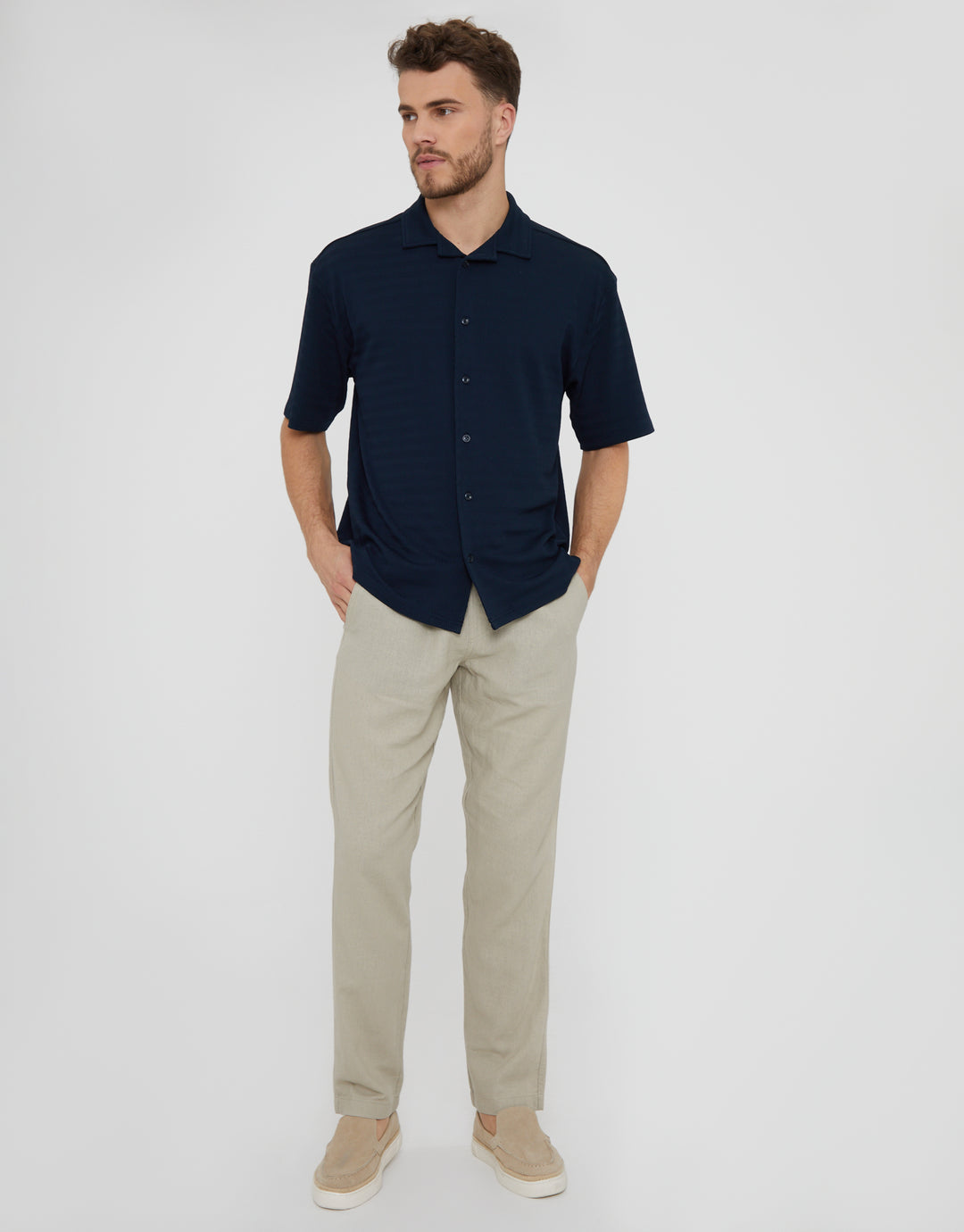 Navy Revere Collar Textured Short Sleeve Shirt