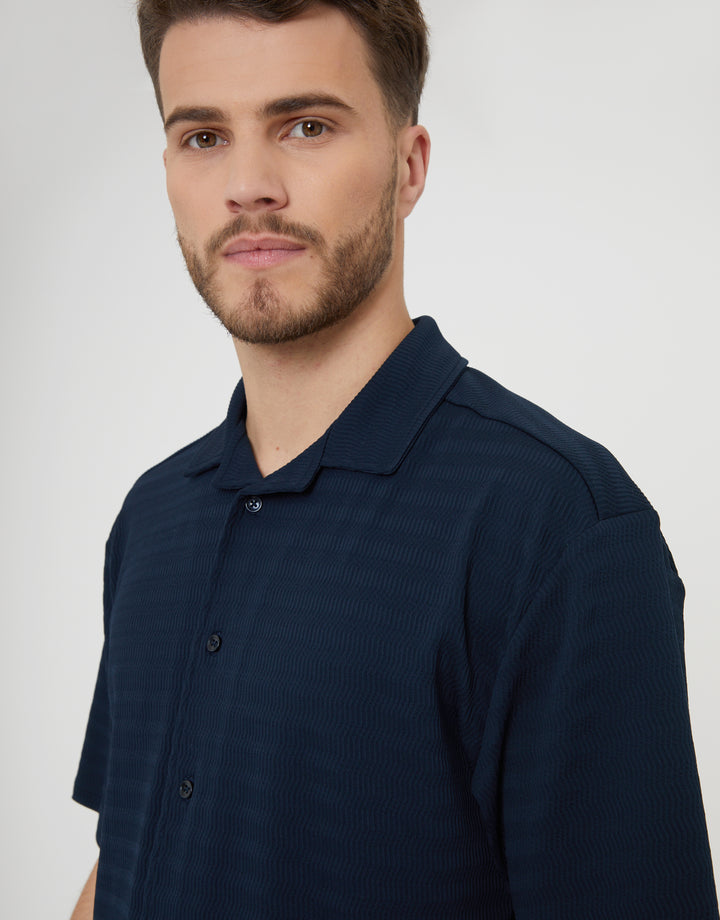 Navy Revere Collar Textured Short Sleeve Shirt