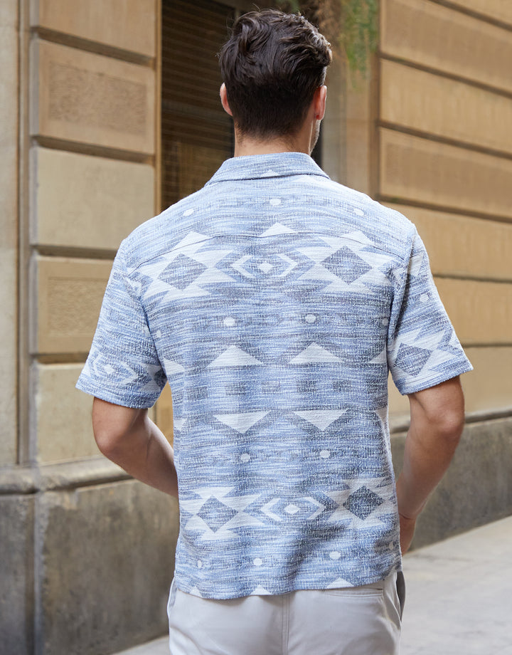 Blue Tribal Revere Collar Short Sleeve Shirt