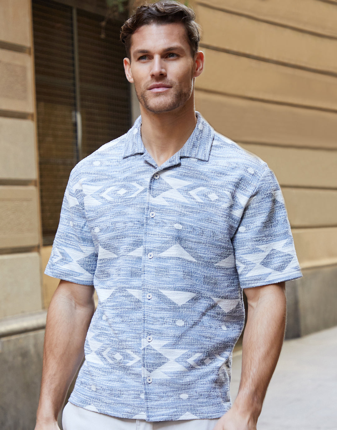 Blue Tribal Revere Collar Short Sleeve Shirt