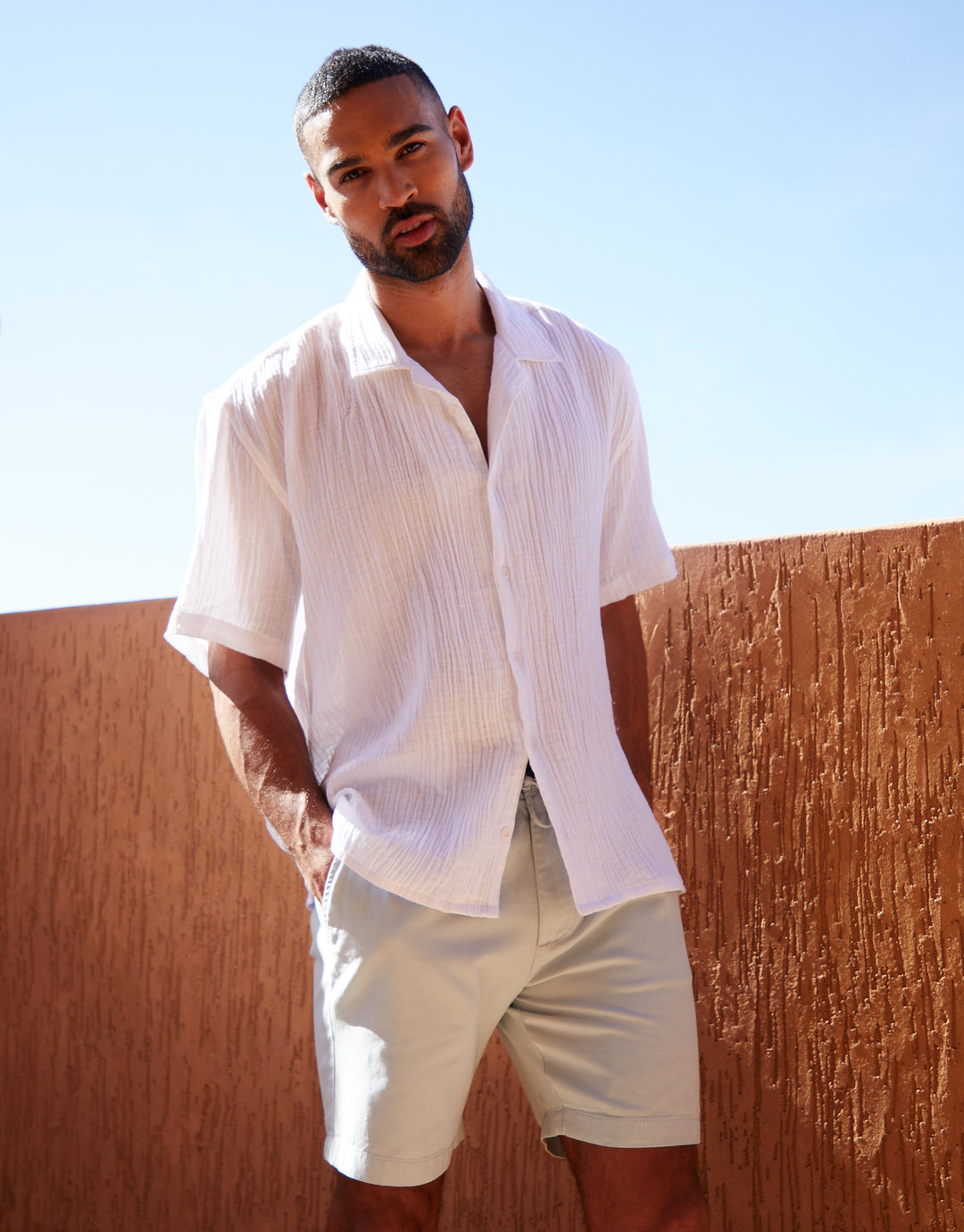 White Cotton Gauze Revere Collar Short Sleeve Shirt