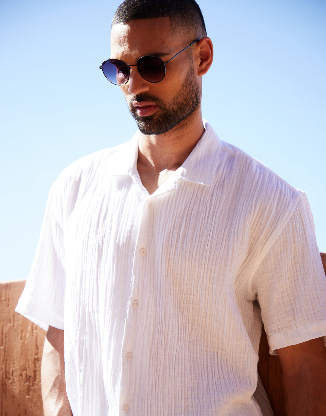 White Cotton Gauze Revere Collar Short Sleeve Shirt