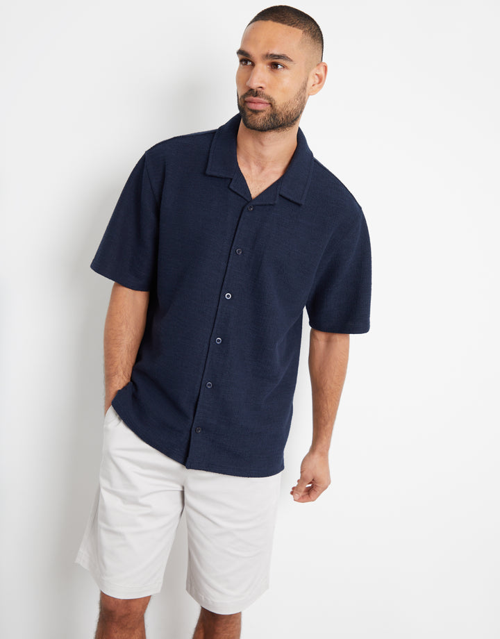 Navy Textured Revere Collar Short Sleeve Shirt