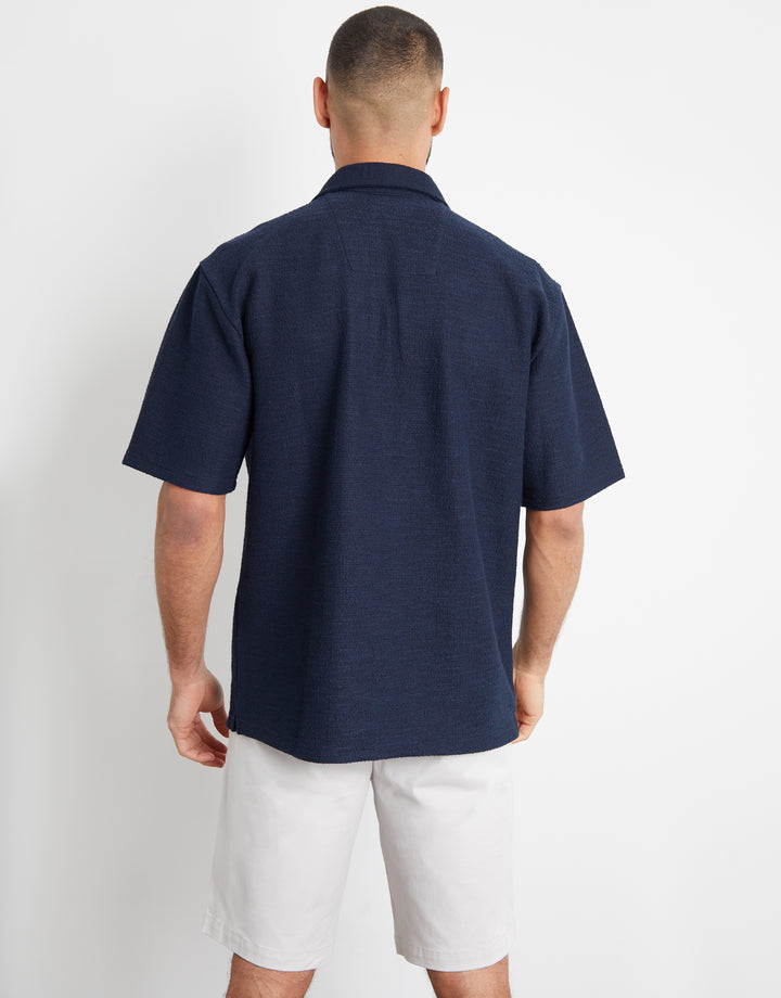 Navy Textured Revere Collar Short Sleeve Shirt