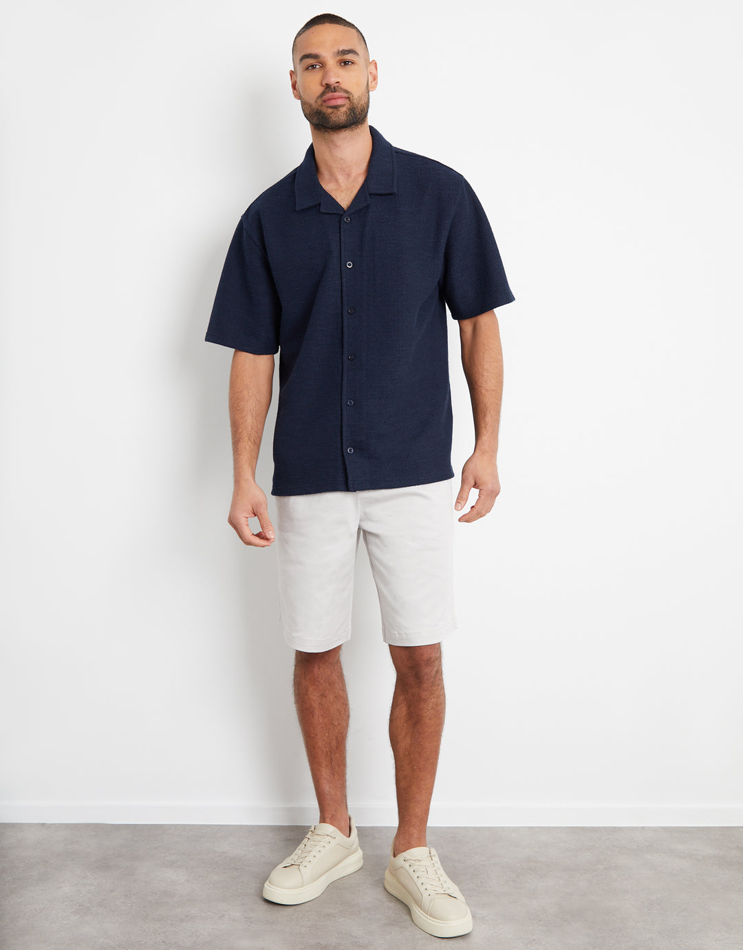Navy Textured Revere Collar Short Sleeve Shirt
