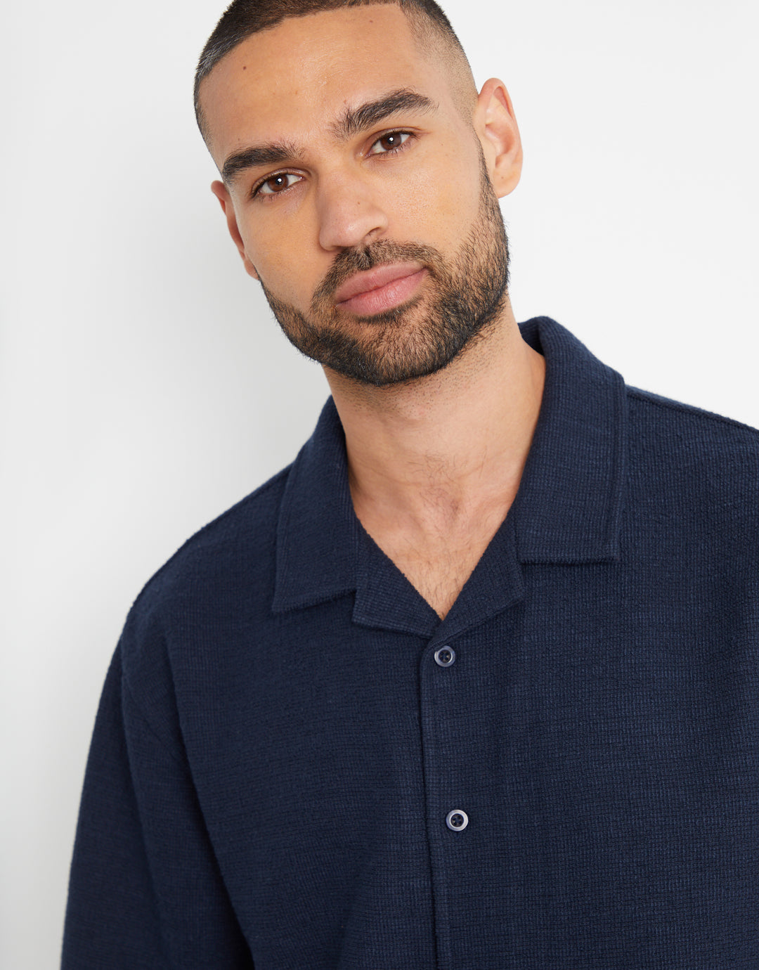 Navy Textured Revere Collar Short Sleeve Shirt