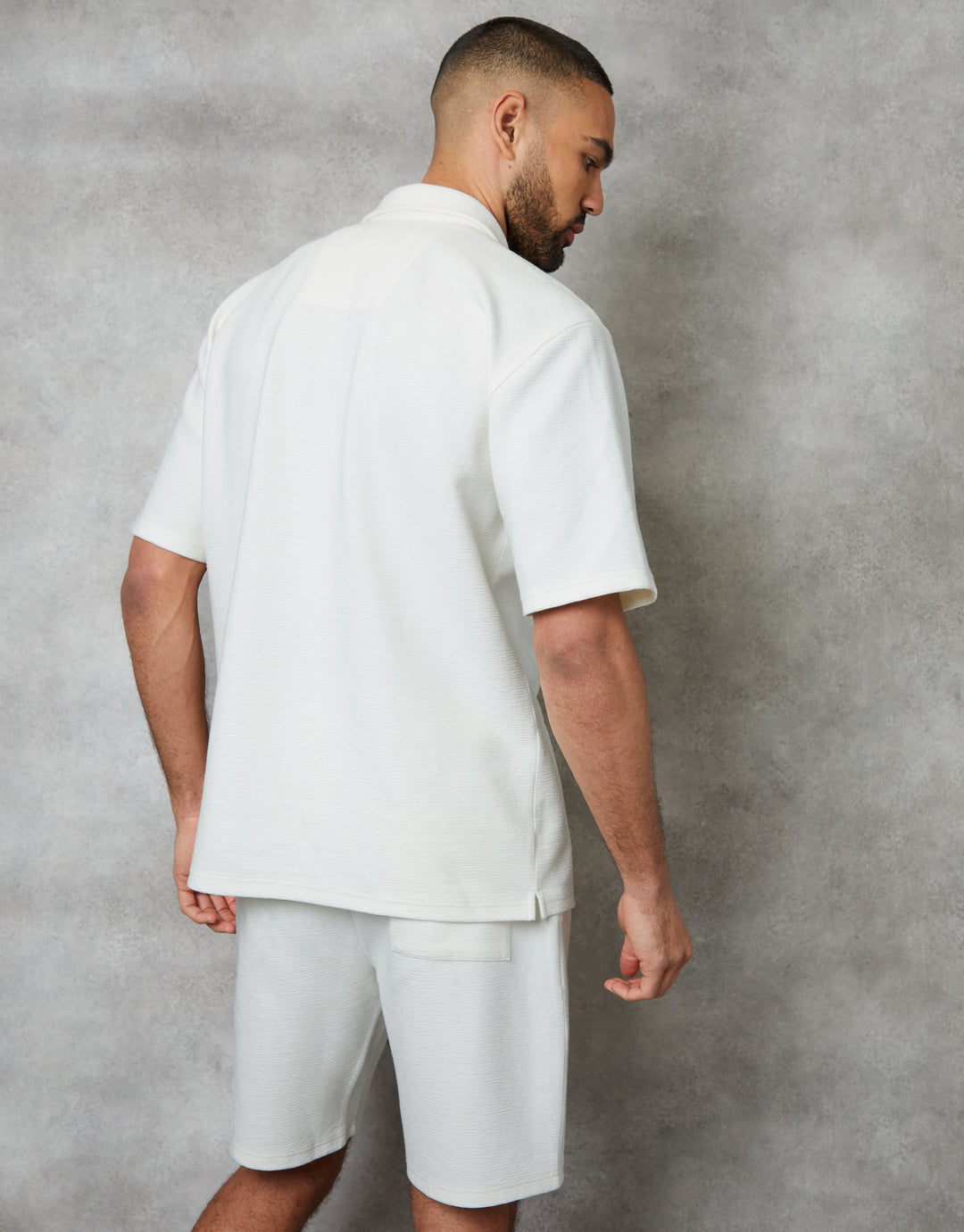 Ecru Textured Revere Collar Short Sleeve Shirt