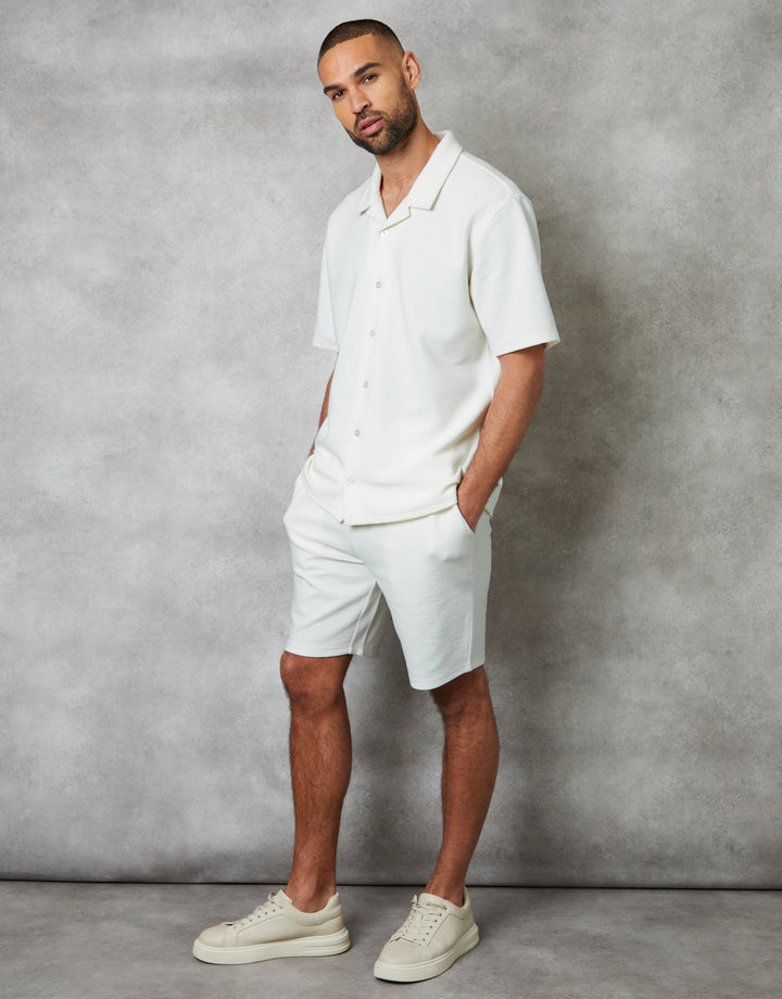 Ecru Textured Revere Collar Short Sleeve Shirt