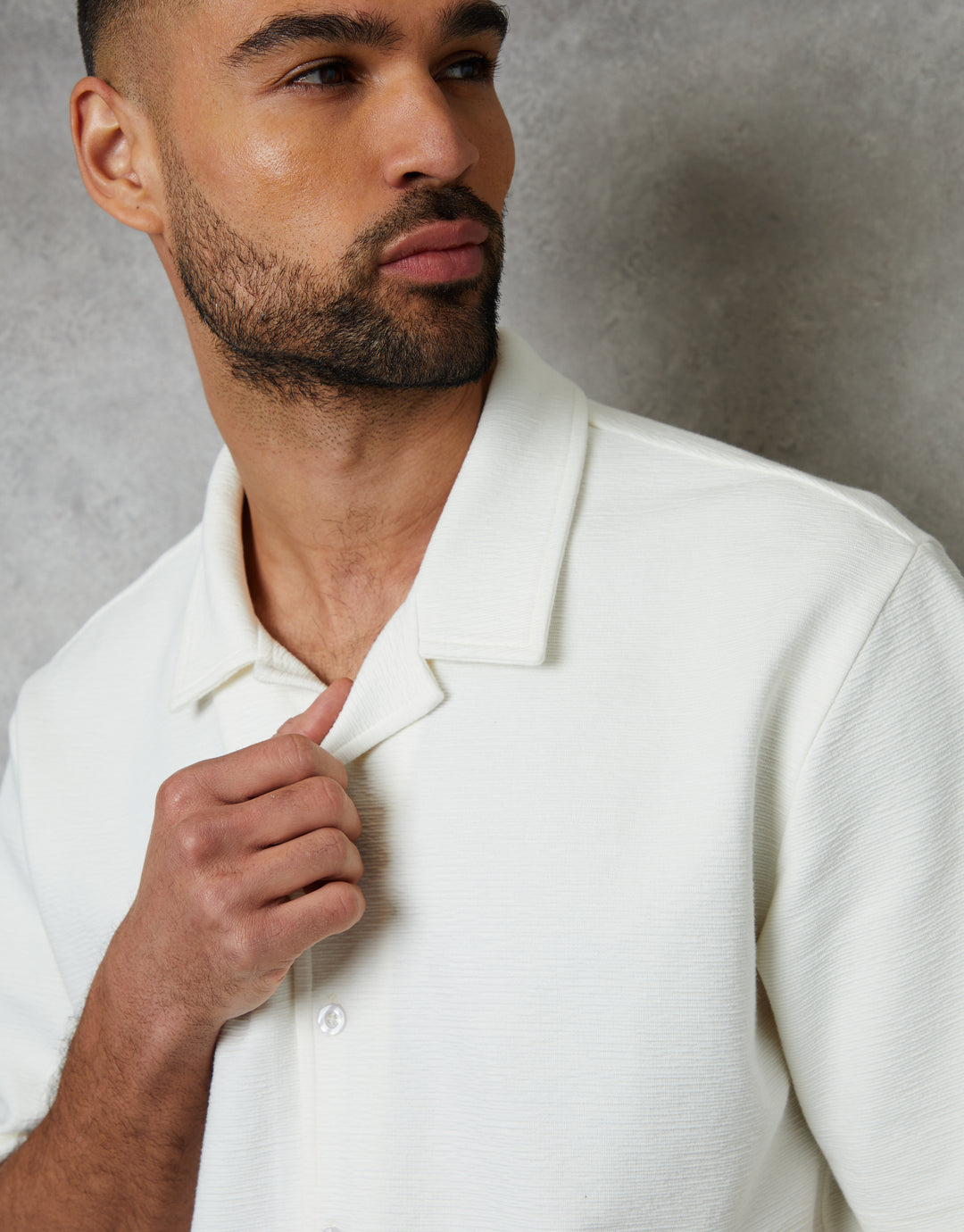 Ecru Textured Revere Collar Short Sleeve Shirt