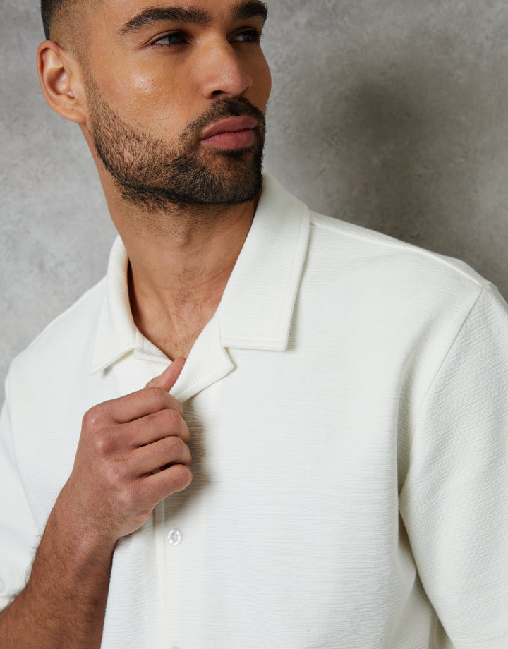 Ecru Textured Revere Collar Short Sleeve Shirt
