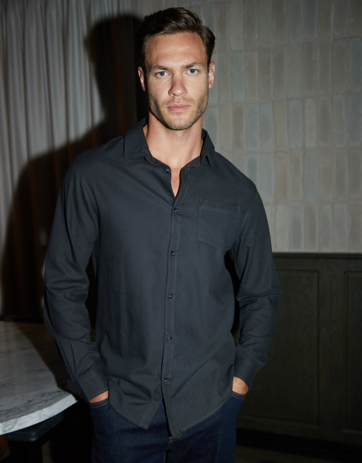 Dark Charcoal Grey Brushed Flannel Long Sleeve Shirt