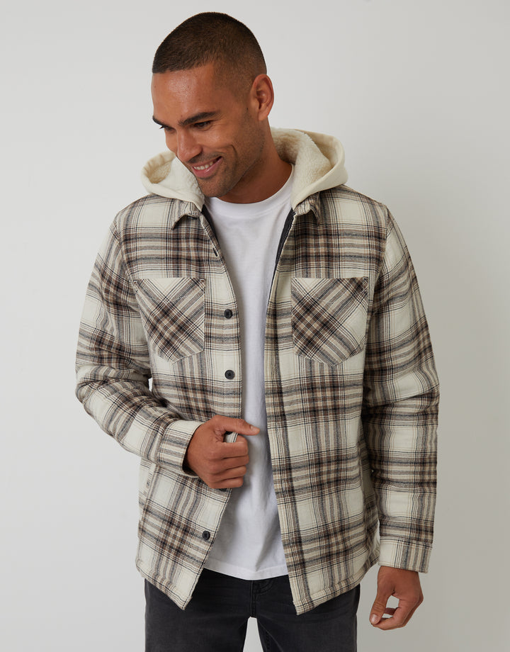 Cream Check Quilted Shacket with Borg Lined Hood
