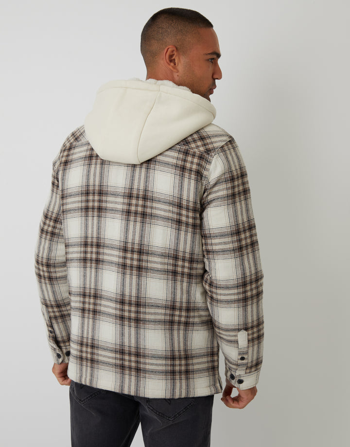 Cream Check Quilted Shacket with Borg Lined Hood